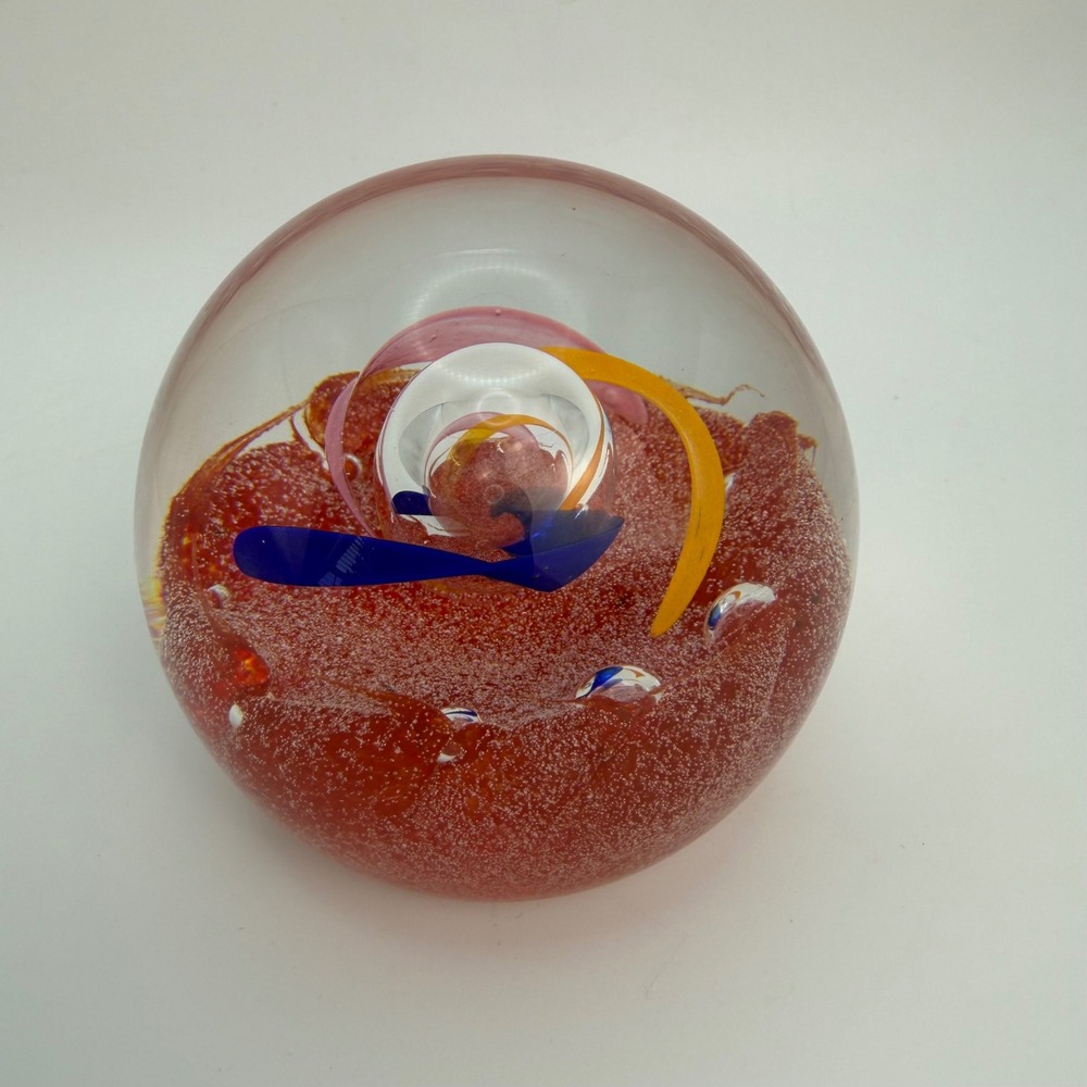 Caithness Scotland Wheel of Fire Art Glass Paperweight Signed Red‎ Blue Orange